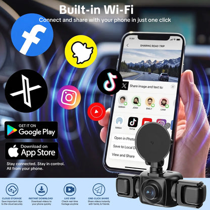 【PASLDA】4 Channel Dash Cam, 4-Lens 360° All-Round Car Monitor | Built-In Wifi & Included 64GB Memory Card | HDR High Clarity Night Vision | Plug & Play, No Built-In Battery | Vehicle Security Car DVR