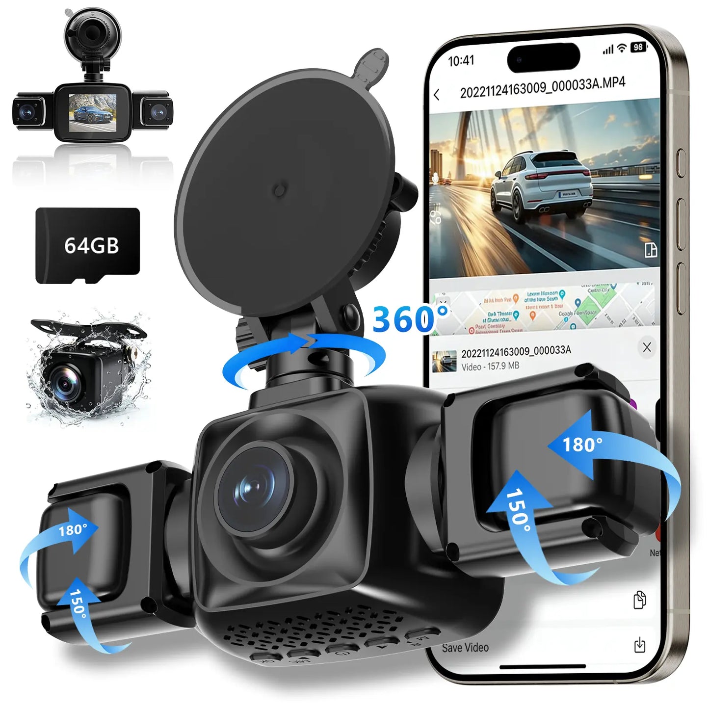 【PASLDA】4 Channel Dash Cam, 4-Lens 360° All-Round Car Monitor | Built-In Wifi & Included 64GB Memory Card | HDR High Clarity Night Vision | Plug & Play, No Built-In Battery | Vehicle Security Car DVR