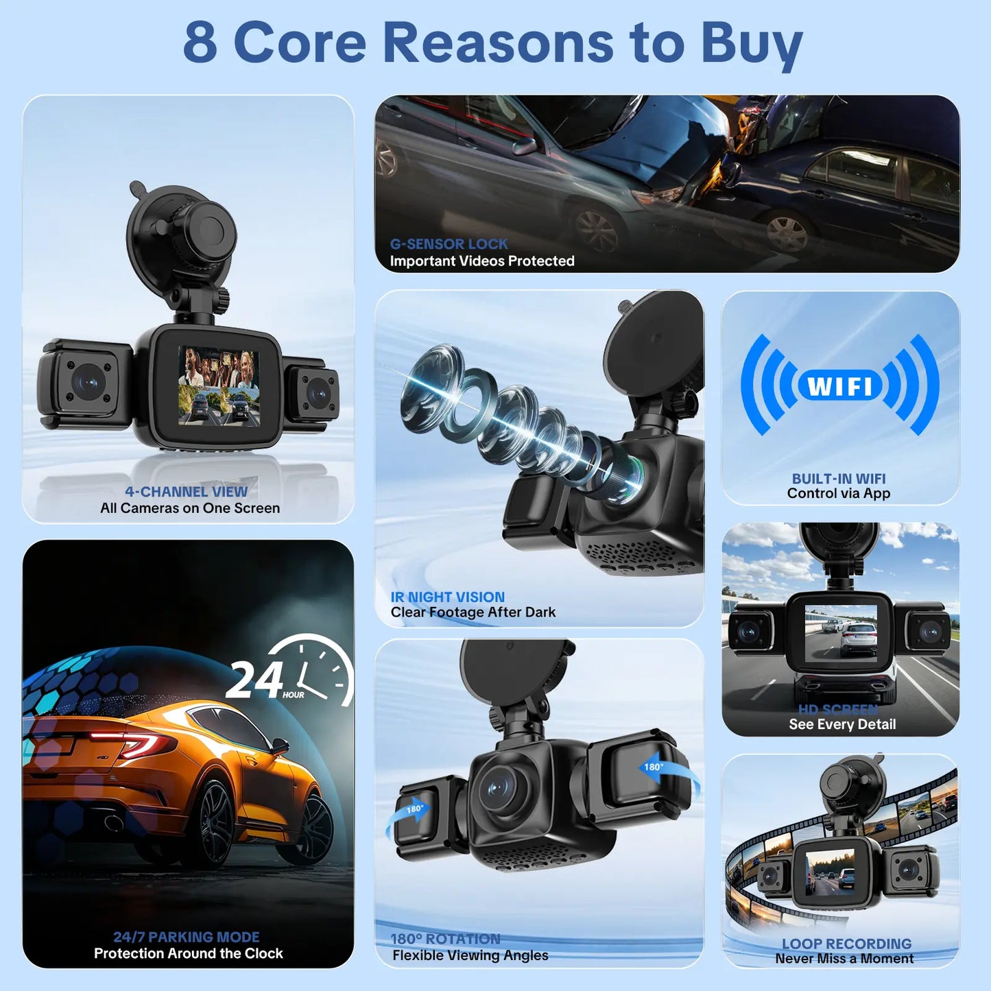 【PASLDA】4 Channel Dash Cam, 4-Lens 360° All-Round Car Monitor | Built-In Wifi & Included 64GB Memory Card | HDR High Clarity Night Vision | Plug & Play, No Built-In Battery | Vehicle Security Car DVR