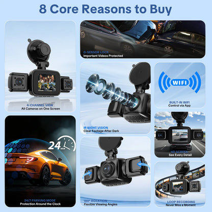 【PASLDA】4 Channel Dash Cam, 4-Lens 360° All-Round Car Monitor | Built-In Wifi & Included 64GB Memory Card | HDR High Clarity Night Vision | Plug & Play, No Built-In Battery | Vehicle Security Car DVR