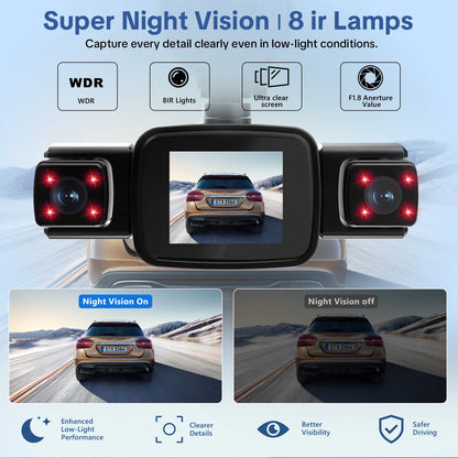 【PASLDA】4 Channel Dash Cam, 4-Lens 360° All-Round Car Monitor | Built-In Wifi & Included 64GB Memory Card | HDR High Clarity Night Vision | Plug & Play, No Built-In Battery | Vehicle Security Car DVR