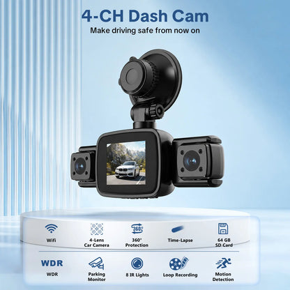【PASLDA】4 Channel Dash Cam, 4-Lens 360° All-Round Car Monitor | Built-In Wifi & Included 64GB Memory Card | HDR High Clarity Night Vision | Plug & Play, No Built-In Battery | Vehicle Security Car DVR