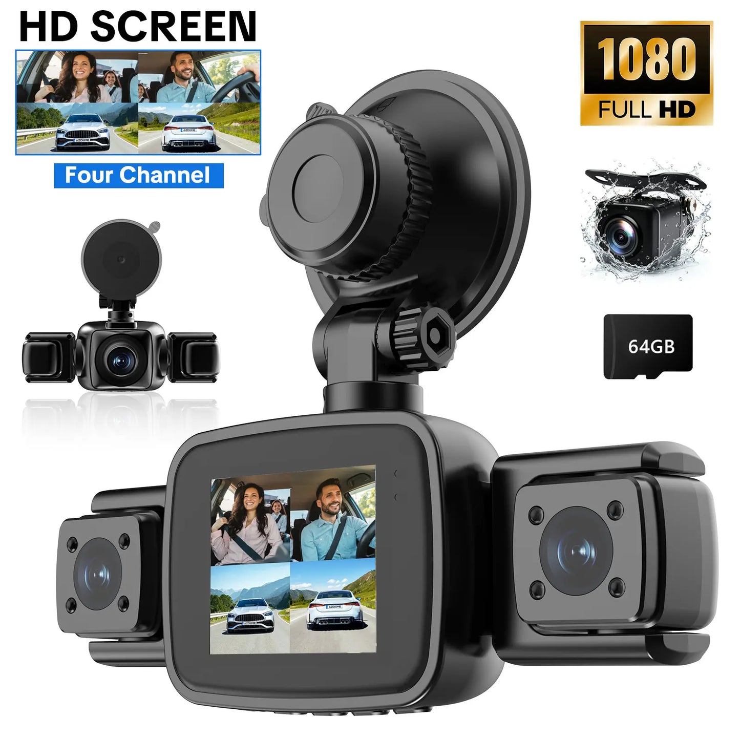 【PASLDA】4 Channel Dash Cam, 4-Lens 360° All-Round Car Monitor | Built-In Wifi & Included 64GB Memory Card | HDR High Clarity Night Vision | Plug & Play, No Built-In Battery | Vehicle Security Car DVR