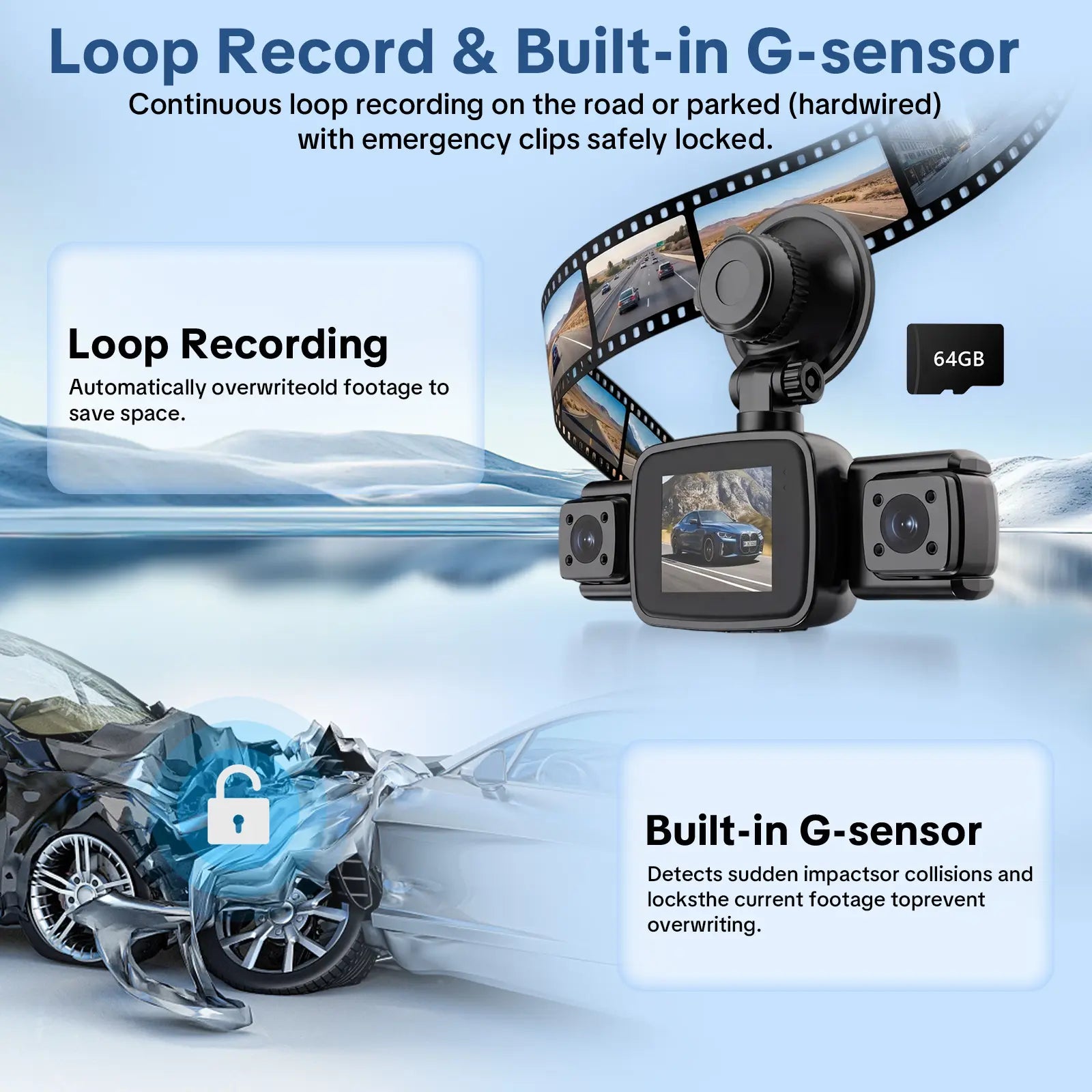 【PASLDA】4 Channel Dash Cam, 4-Lens 360° All-Round Car Monitor | Built-In Wifi & Included 64GB Memory Card | HDR High Clarity Night Vision | Plug & Play, No Built-In Battery | Vehicle Security Car DVR